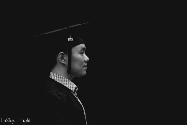 black and white moody graduation headshot