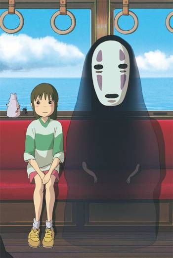 A scene in Studio Ghibli's Spirited Away where Chihiro sits by No-face on the train