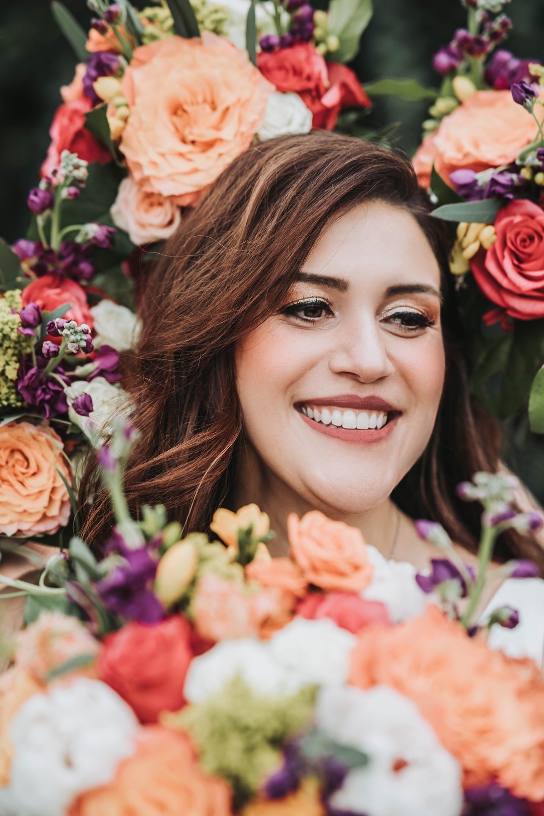 Bride surrounded by bridesmaids' bouquets wedding photography inspired by Spirited Away